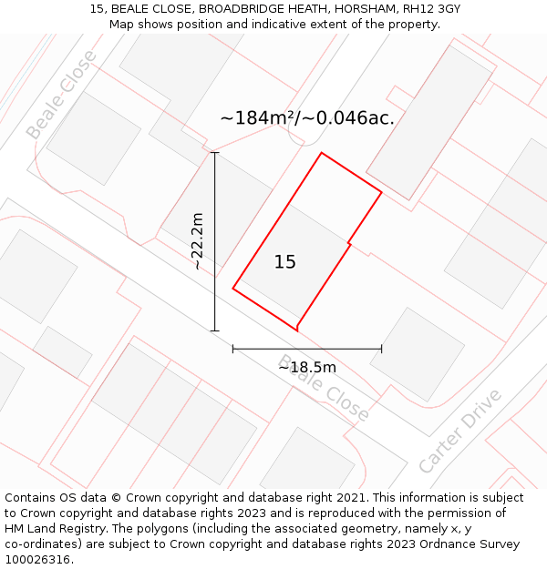 15, BEALE CLOSE, BROADBRIDGE HEATH, HORSHAM, RH12 3GY: Plot and title map