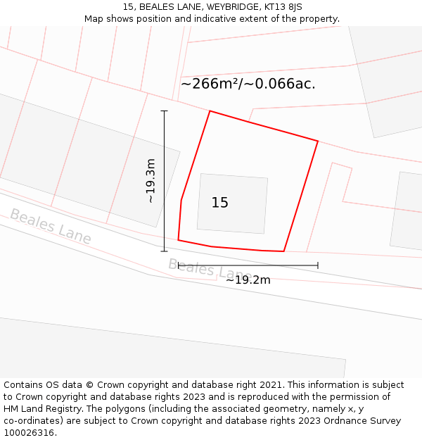 15, BEALES LANE, WEYBRIDGE, KT13 8JS: Plot and title map