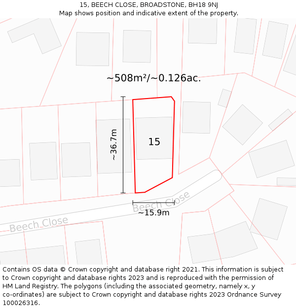 15, BEECH CLOSE, BROADSTONE, BH18 9NJ: Plot and title map