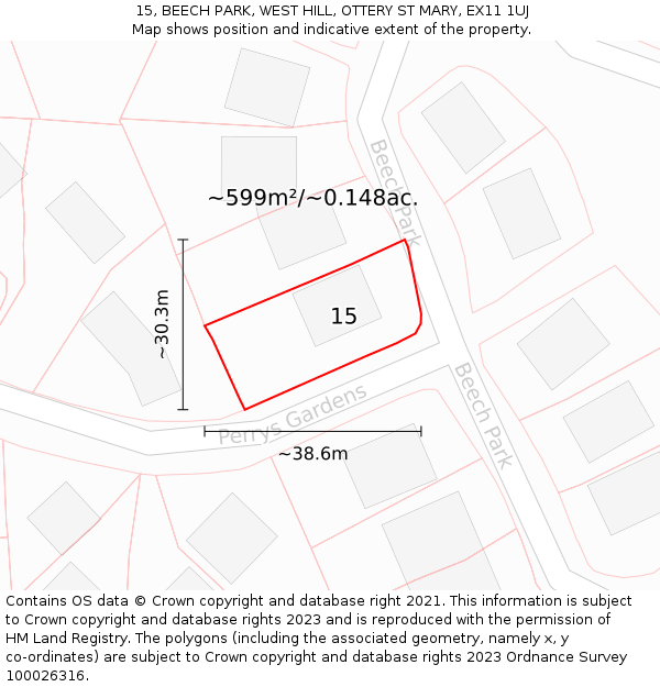 15, BEECH PARK, WEST HILL, OTTERY ST MARY, EX11 1UJ: Plot and title map