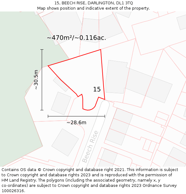 15, BEECH RISE, DARLINGTON, DL1 3TQ: Plot and title map