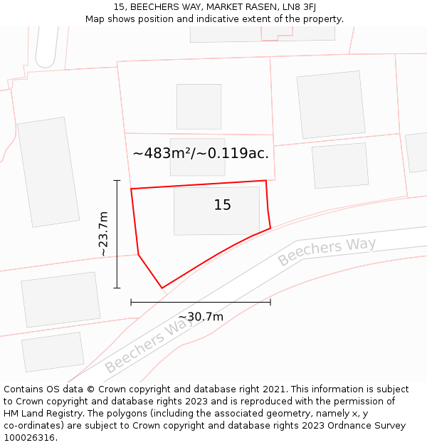 15, BEECHERS WAY, MARKET RASEN, LN8 3FJ: Plot and title map