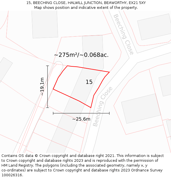 15, BEECHING CLOSE, HALWILL JUNCTION, BEAWORTHY, EX21 5XY: Plot and title map