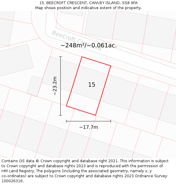 15, BEECROFT CRESCENT, CANVEY ISLAND, SS8 9FA: Plot and title map