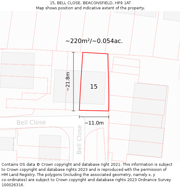 15, BELL CLOSE, BEACONSFIELD, HP9 1AT: Plot and title map