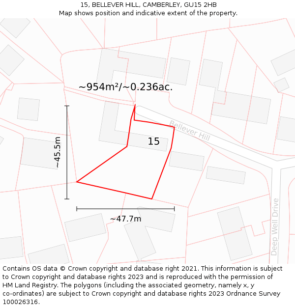 15, BELLEVER HILL, CAMBERLEY, GU15 2HB: Plot and title map