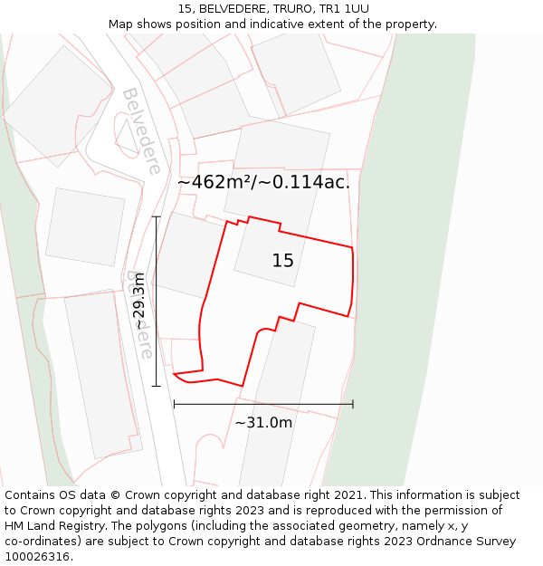 15, BELVEDERE, TRURO, TR1 1UU: Plot and title map