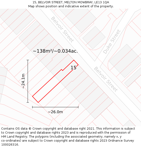 15, BELVOIR STREET, MELTON MOWBRAY, LE13 1QA: Plot and title map