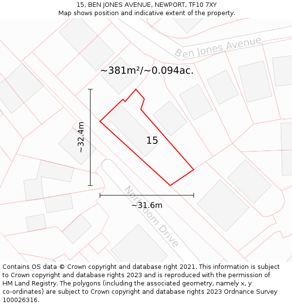 15, BEN JONES AVENUE, NEWPORT, TF10 7XY: Plot and title map