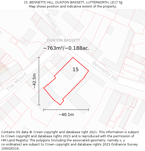 15, BENNETTS HILL, DUNTON BASSETT, LUTTERWORTH, LE17 5JJ: Plot and title map