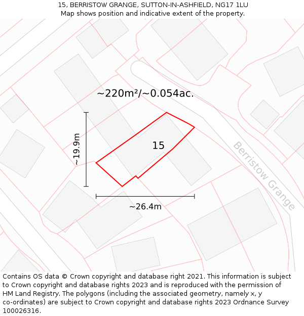 15, BERRISTOW GRANGE, SUTTON-IN-ASHFIELD, NG17 1LU: Plot and title map