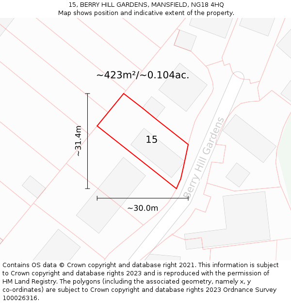 15, BERRY HILL GARDENS, MANSFIELD, NG18 4HQ: Plot and title map