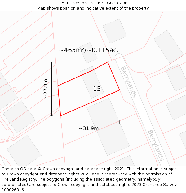 15, BERRYLANDS, LISS, GU33 7DB: Plot and title map