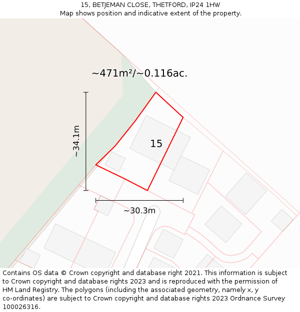 15, BETJEMAN CLOSE, THETFORD, IP24 1HW: Plot and title map