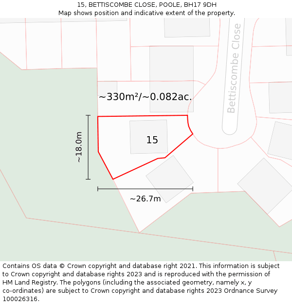 15, BETTISCOMBE CLOSE, POOLE, BH17 9DH: Plot and title map