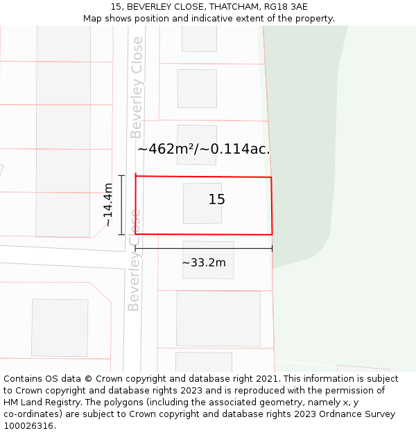 15, BEVERLEY CLOSE, THATCHAM, RG18 3AE: Plot and title map