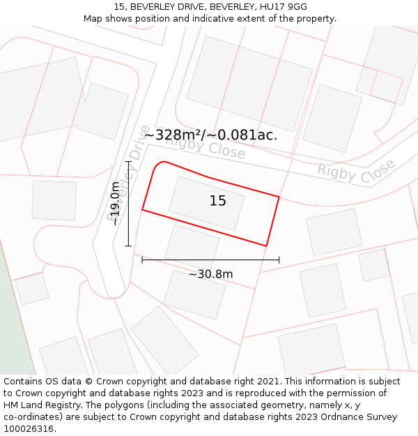 15, BEVERLEY DRIVE, BEVERLEY, HU17 9GG: Plot and title map