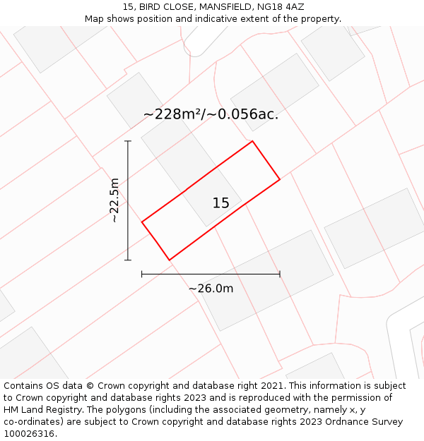 15, BIRD CLOSE, MANSFIELD, NG18 4AZ: Plot and title map