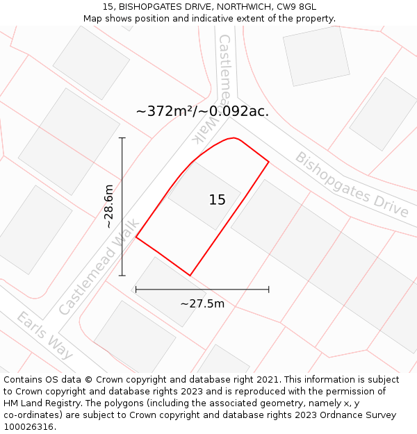 15, BISHOPGATES DRIVE, NORTHWICH, CW9 8GL: Plot and title map