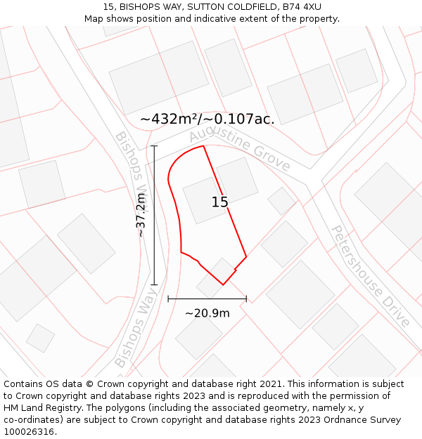 15, BISHOPS WAY, SUTTON COLDFIELD, B74 4XU: Plot and title map