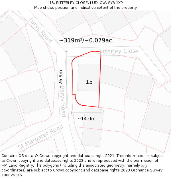 15, BITTERLEY CLOSE, LUDLOW, SY8 1XP: Plot and title map