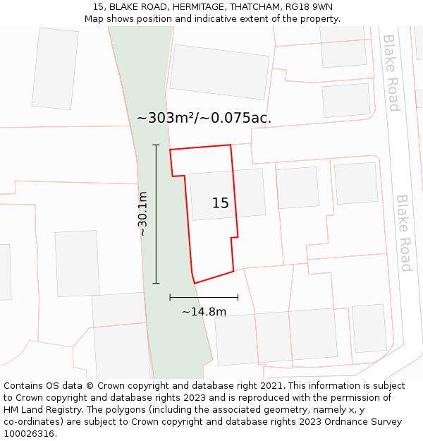 15, BLAKE ROAD, HERMITAGE, THATCHAM, RG18 9WN: Plot and title map