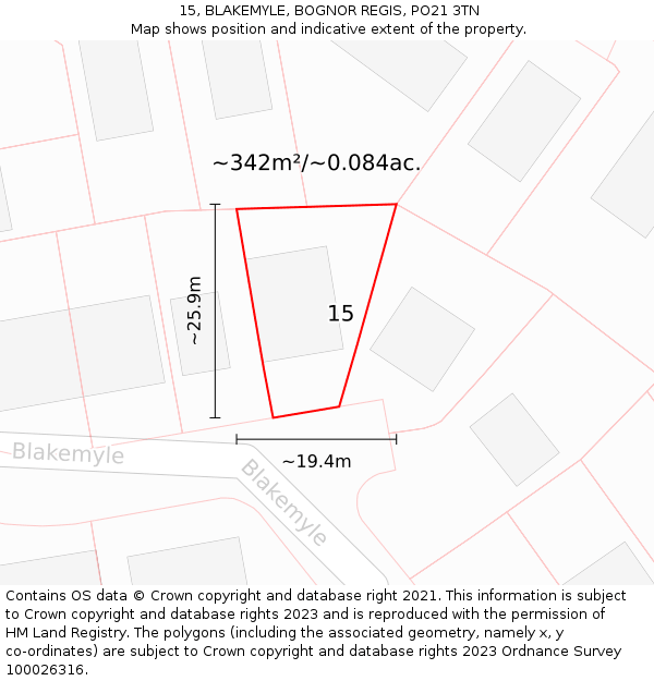 15, BLAKEMYLE, BOGNOR REGIS, PO21 3TN: Plot and title map