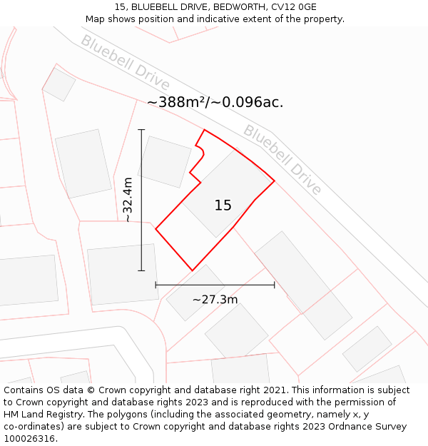 15, BLUEBELL DRIVE, BEDWORTH, CV12 0GE: Plot and title map