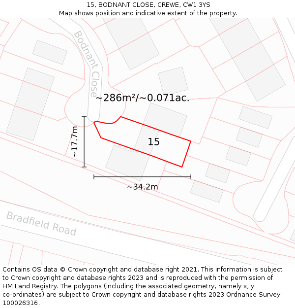 15, BODNANT CLOSE, CREWE, CW1 3YS: Plot and title map