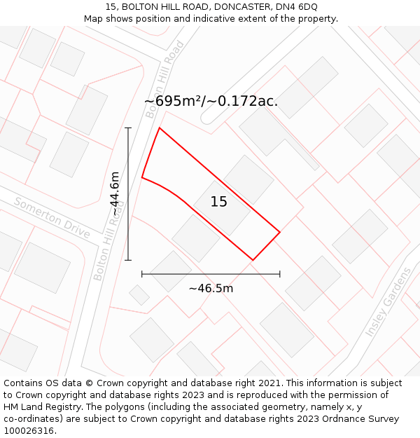 15, BOLTON HILL ROAD, DONCASTER, DN4 6DQ: Plot and title map