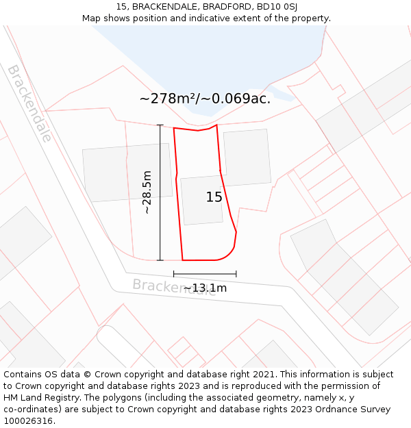 15, BRACKENDALE, BRADFORD, BD10 0SJ: Plot and title map