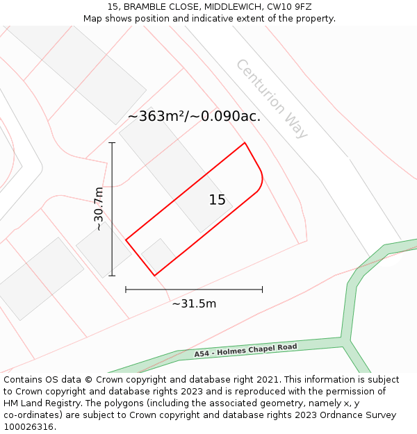 15, BRAMBLE CLOSE, MIDDLEWICH, CW10 9FZ: Plot and title map