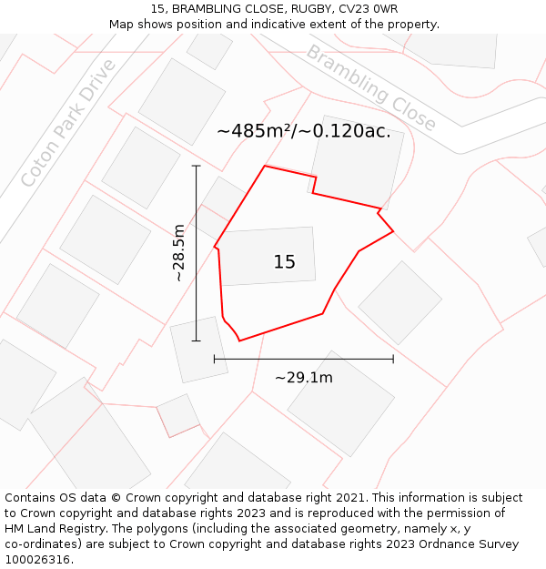 15, BRAMBLING CLOSE, RUGBY, CV23 0WR: Plot and title map