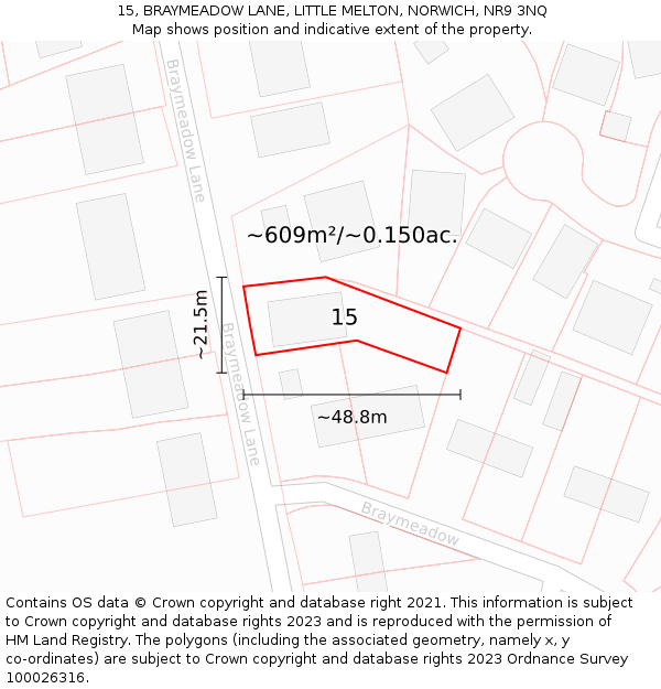 15, BRAYMEADOW LANE, LITTLE MELTON, NORWICH, NR9 3NQ: Plot and title map