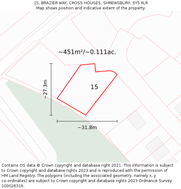 15, BRAZIER WAY, CROSS HOUSES, SHREWSBURY, SY5 6LR: Plot and title map