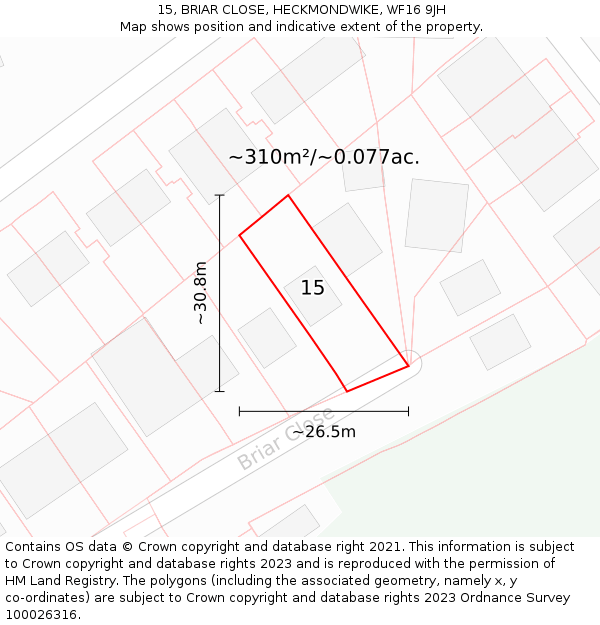 15, BRIAR CLOSE, HECKMONDWIKE, WF16 9JH: Plot and title map