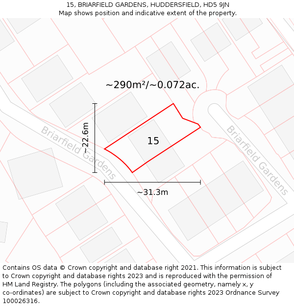 15, BRIARFIELD GARDENS, HUDDERSFIELD, HD5 9JN: Plot and title map