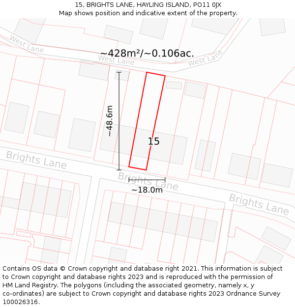 15, BRIGHTS LANE, HAYLING ISLAND, PO11 0JX: Plot and title map