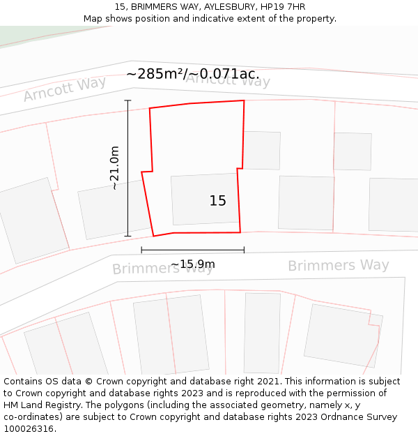 15, BRIMMERS WAY, AYLESBURY, HP19 7HR: Plot and title map