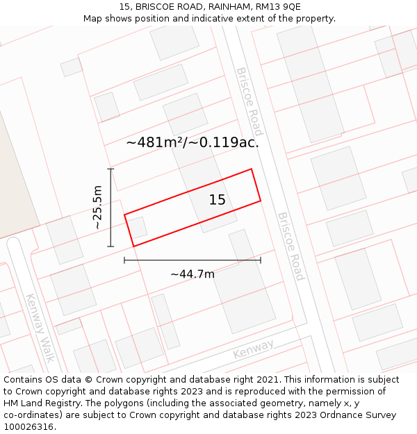 15, BRISCOE ROAD, RAINHAM, RM13 9QE: Plot and title map