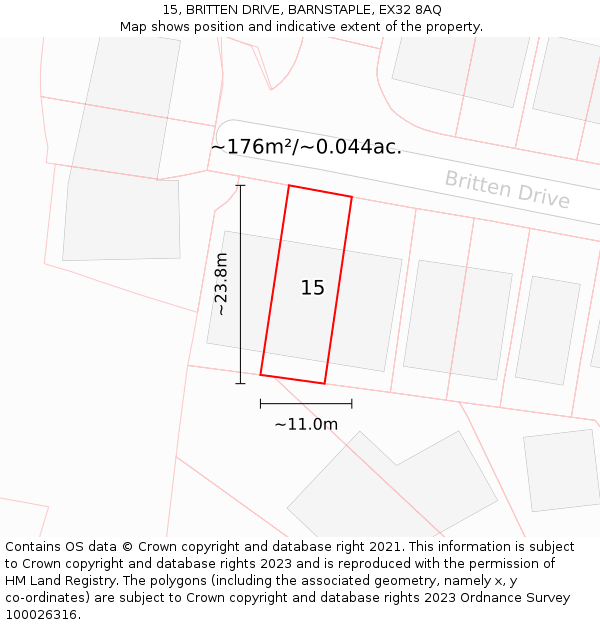 15, BRITTEN DRIVE, BARNSTAPLE, EX32 8AQ: Plot and title map