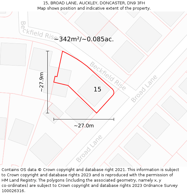 15, BROAD LANE, AUCKLEY, DONCASTER, DN9 3FH: Plot and title map