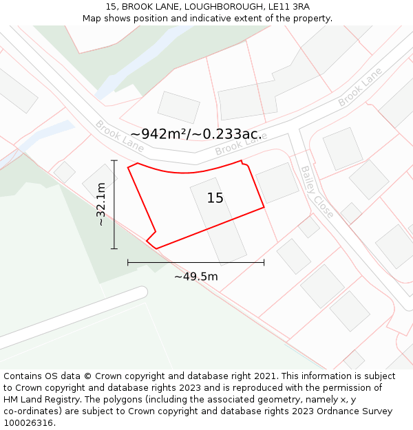 15, BROOK LANE, LOUGHBOROUGH, LE11 3RA: Plot and title map