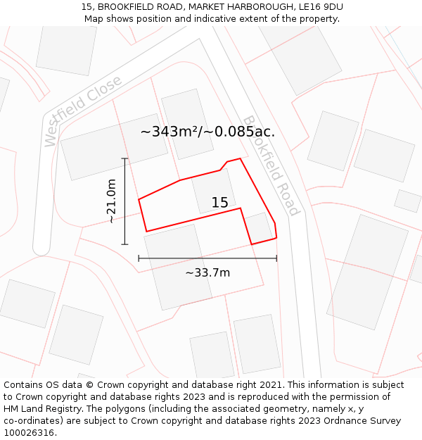 15, BROOKFIELD ROAD, MARKET HARBOROUGH, LE16 9DU: Plot and title map