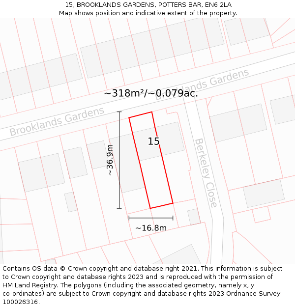 15, BROOKLANDS GARDENS, POTTERS BAR, EN6 2LA: Plot and title map