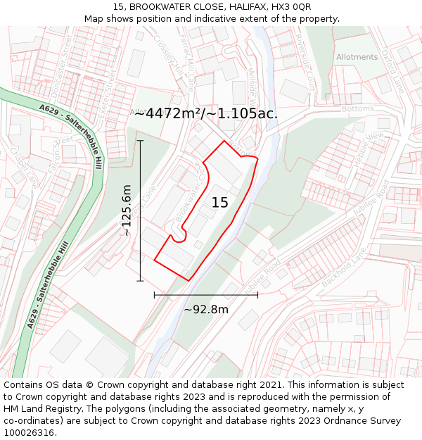 15, BROOKWATER CLOSE, HALIFAX, HX3 0QR: Plot and title map