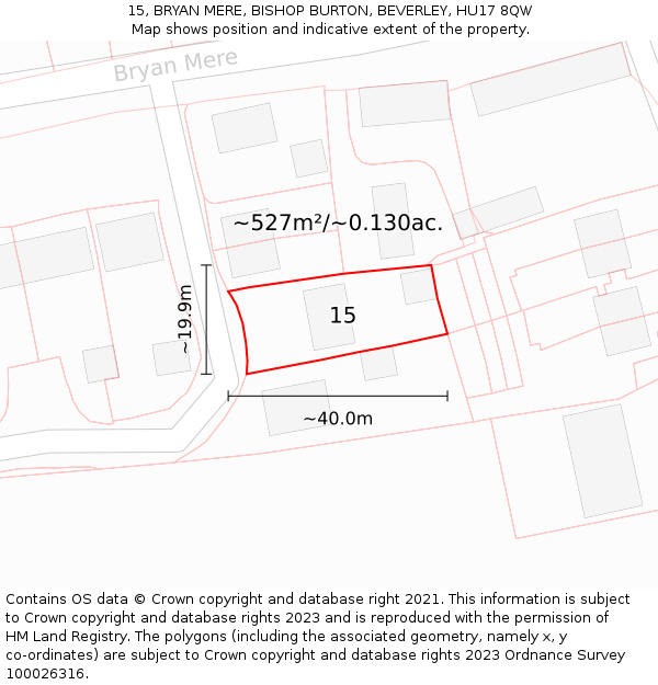 15, BRYAN MERE, BISHOP BURTON, BEVERLEY, HU17 8QW: Plot and title map