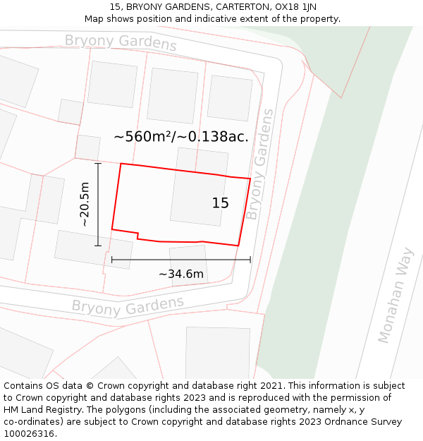 15, BRYONY GARDENS, CARTERTON, OX18 1JN: Plot and title map