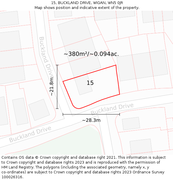 15, BUCKLAND DRIVE, WIGAN, WN5 0JR: Plot and title map