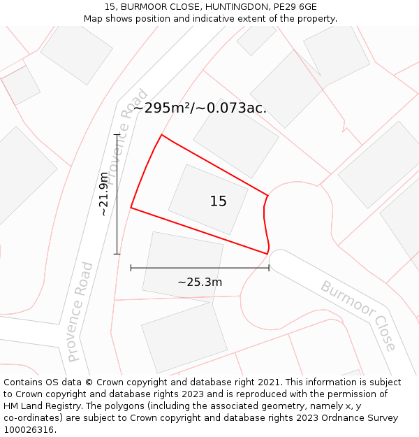 15, BURMOOR CLOSE, HUNTINGDON, PE29 6GE: Plot and title map